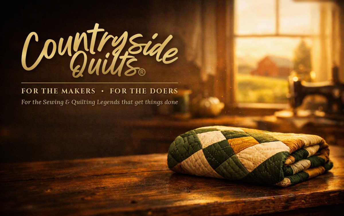 Countryside Quilts gift card: the gold script logo over a folded green, cream and gold quilt on a farmhouse table