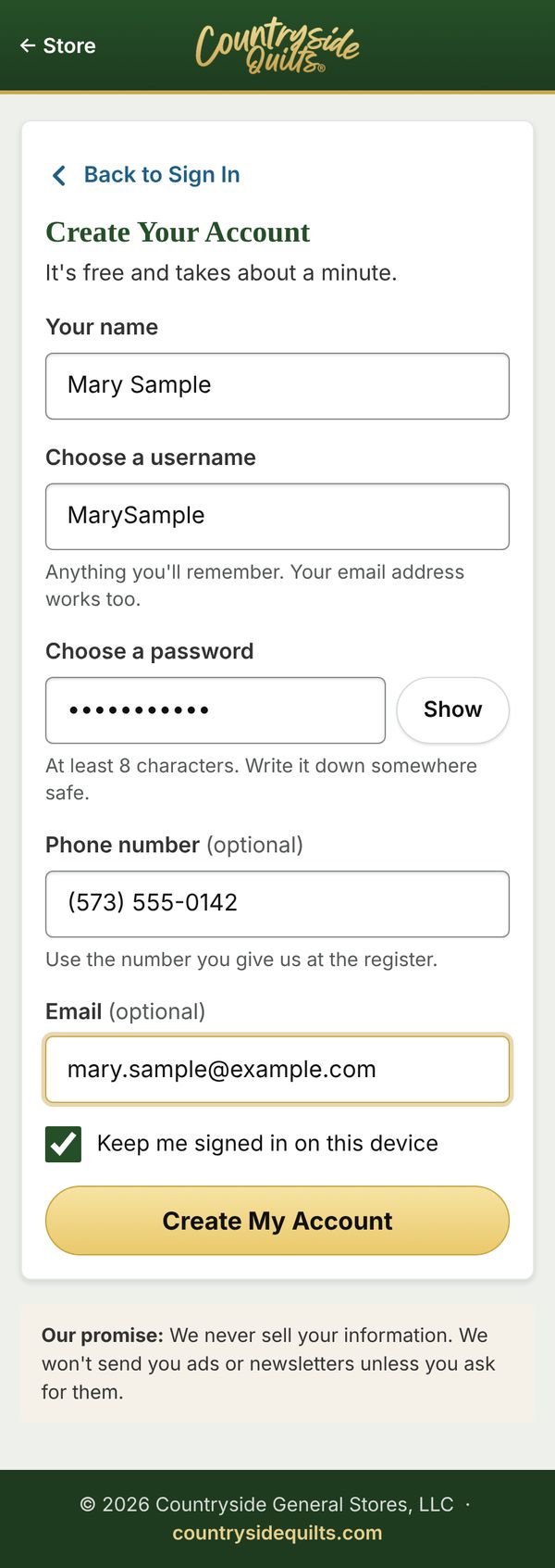 The Create Your Account form filled in for a sample customer