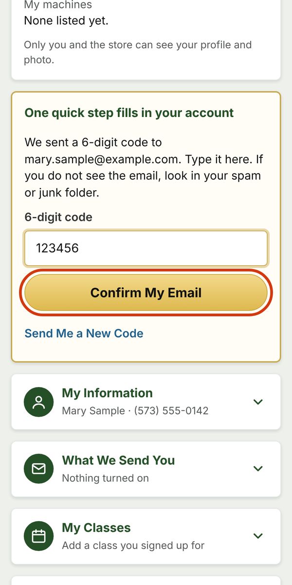 The 6-digit code box and Confirm My Email button