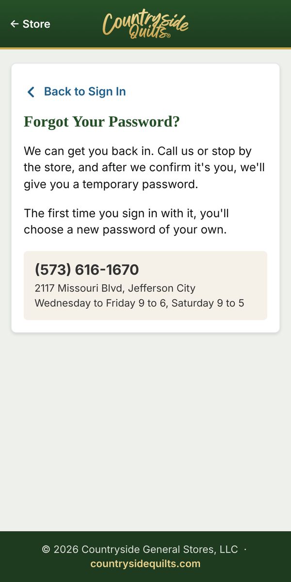 The Forgot Your Password screen with the store phone number