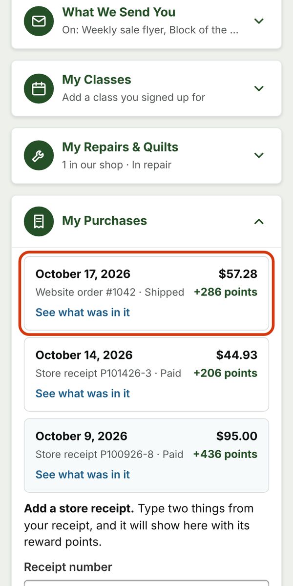 My Purchases with a website order and store receipts, each showing its points