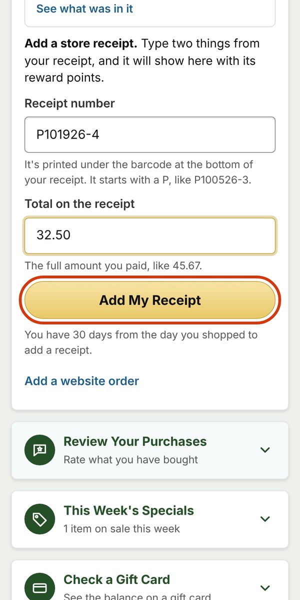 The Add a store receipt form filled in, with Add My Receipt circled