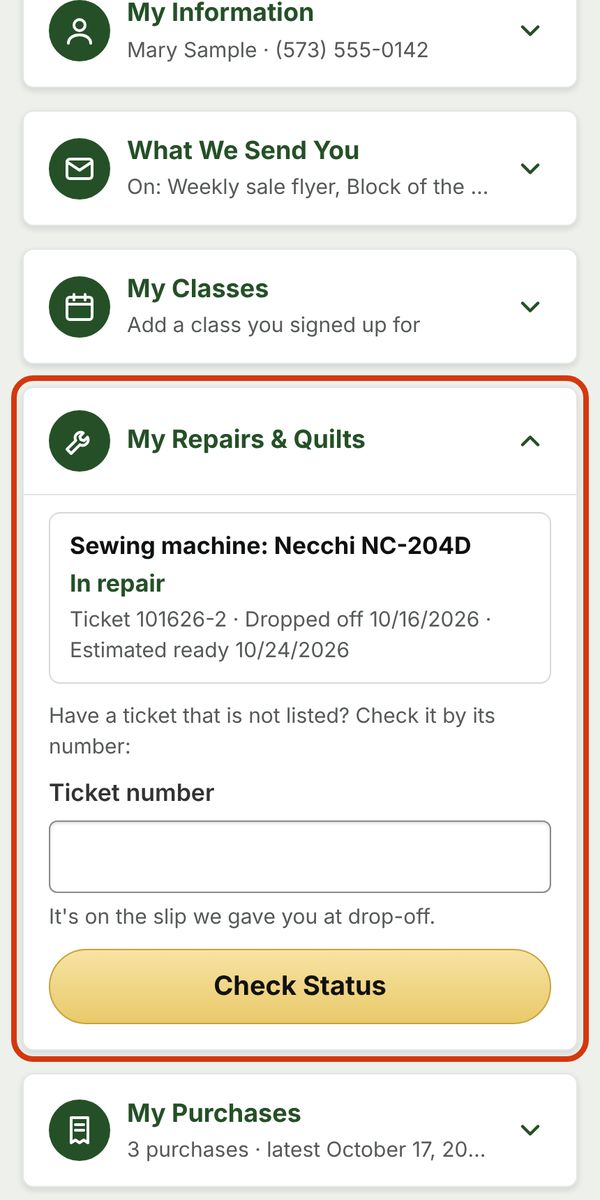 My Repairs and Quilts showing a sewing machine in repair, with its ticket number and estimated ready date