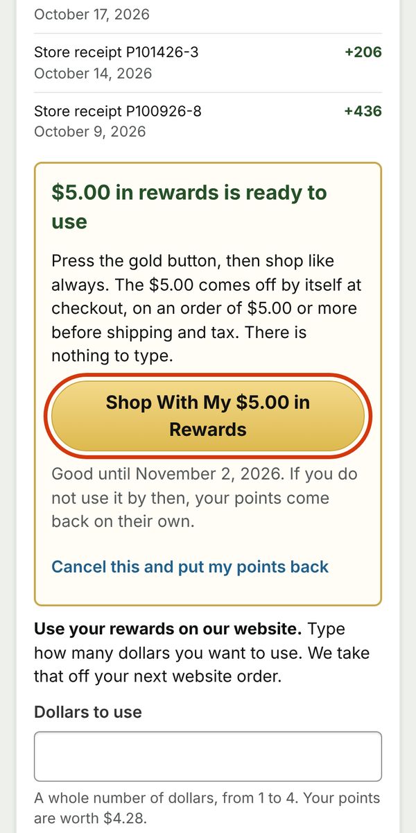 Rewards ready to use, with the gold Shop With My Rewards button circled