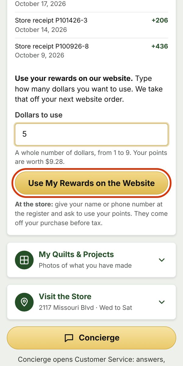 Dollars to use filled in with 5, and the Use My Rewards on the Website button circled